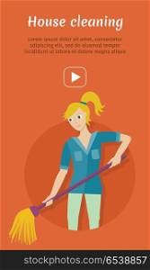 Cleaning service conceptual vector web banner. Flat style. Smiling woman washing floor mop. Illustration with play button for housekeeping companies online services, sites, video, corporate animation. Cleaning Service Flat Style Vector Web Banner. Cleaning Service Flat Style Vector Web Banner
