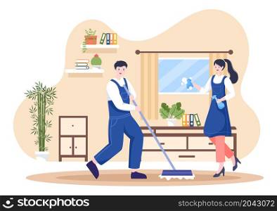 Cleaning Service flat Design Illustration. People Vacuum, Wipe the Dust and Sweeping Floor in the House for Background, Banner or Poster
