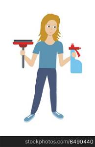 Cleaning Service Flat Style Vector Web Banner. Cleaning service conceptual vector web banner. Flat style. Smiling woman with sprayer and wiper. Illustration with play button for housekeeping online services, sites, video, corporate animation