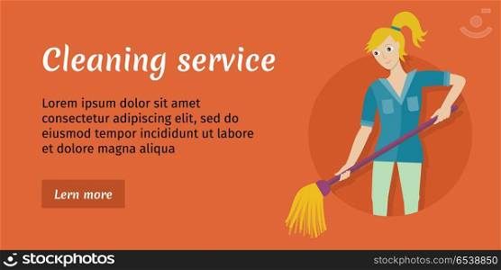 Cleaning Service Flat Style Vector Web Banner. Cleaning service conceptual vector web banner. Flat style. Smiling woman washing floor mop. Illustration with play button for housekeeping companies online services, sites, video, corporate animation