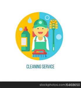 Cleaning service. Flat vector illustration, emblem. Professional cleaning of premises. Set of vector cliparts isolated on white background. Cleaning lady, cleaner, toilet brush.