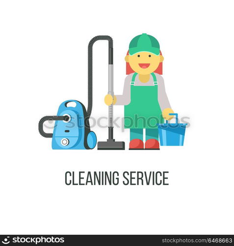 Cleaning service. Flat vector illustration. Professional cleaning of premises. The cleaning lady with the vacuum cleaner and a bucket in his hand.