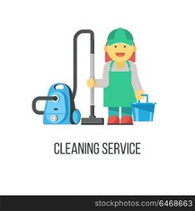 Cleaning service. Flat vector illustration. Professional cleaning of premises. The cleaning lady with the vacuum cleaner and a bucket in his hand.
