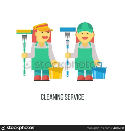 Cleaning service. Flat vector illustration. Professional cleaning of premises. Cleaning lady with MOP and bucket in hand.