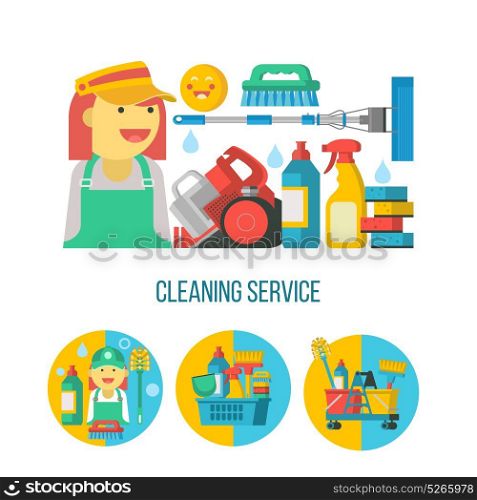 Cleaning service. Flat vector illustration, set of emblems, logos. Professional cleaning of premises. Set of vector cliparts isolated on white background. Set of cleaning products in a plastic basket, vacuum cleaner, maid, MOP.