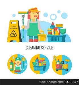 Cleaning service. Flat vector illustration, set of emblems, logos. Professional cleaning of premises. Set of vector cliparts isolated on white background. Cleaning lady with MOP, cleaning product, wet floor sign.