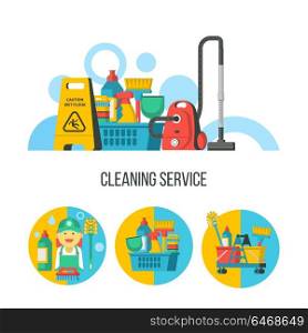 Cleaning service. Flat vector illustration, set of emblems, logos. Professional cleaning of premises. Set of vector cliparts isolated on white background. Set of cleaning products in a plastic basket, wet floor sign, vacuum cleaner.