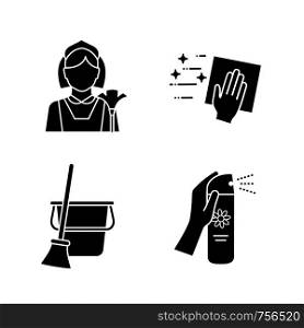 Cleaning service glyph icons set. Maid, cleaning napkin, broom and bucket, air freshener. Silhouette symbols. Vector isolated illustration. Cleaning service glyph icons set