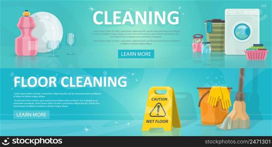 Cleaning service horizontal banners with dish washing sweeping laundry and household equipment vector illustration. Cleaning Service Horizontal Banners