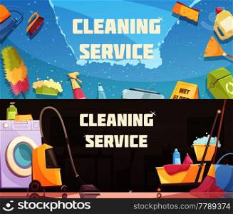 Cleaning service horizontal banners with set of cleaning agents tools and devices flat vector illustration . Cleaning Service Horizontal Banners