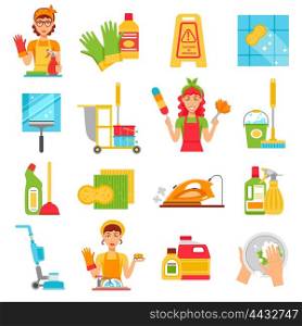 Cleaning Service Icon Set. Cleaning service icon set with different types of clean stuff and women workers in the workplace vector illustration