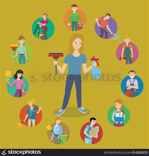 Cleaning Service Icon Set. Cleaning service round icon set. Man and woman with cleaning equipment and detergent. Cleaning staff characters. House cleaning service, professional office cleaning, home cleaning illustration.