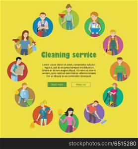 Cleaning Service Icon Set. Cleaning service round icon set. Man and woman with cleaning equipment and detergent. House cleaning service, professional office cleaning, home cleaning illustration. Website template.