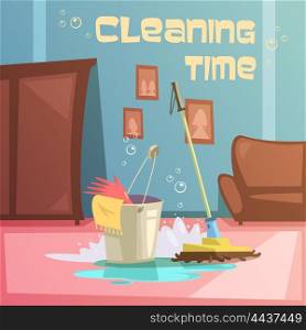Cleaning Service Illustration . Cleaning service cartoon background with equipment water and supplies vector illustration