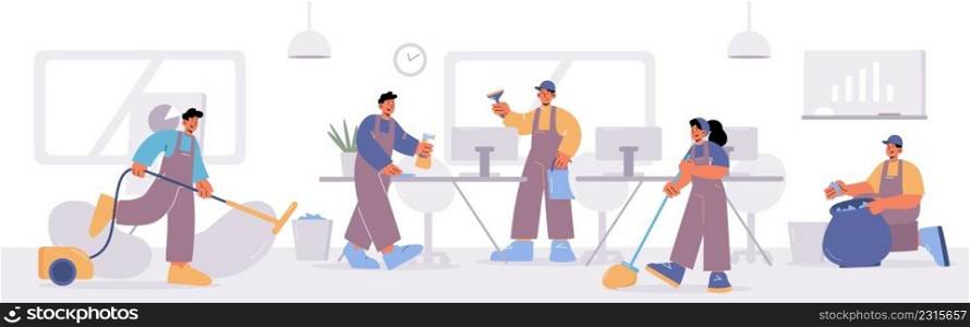 Cleaning service in office, janitors team in uniform housekeeping work with tools, maids clean room with desk and chairs. Professional company workers with tools cleanup, Line art vector illustration. Cleaning service in office, janitors team work