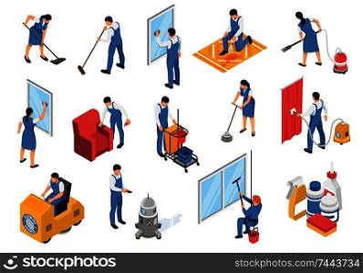 Cleaning service isometric icons set with professional industrial vacuuming furniture carpets refreshing stain removing isolated vector illustration  . Cleaning Service Isometric Set
