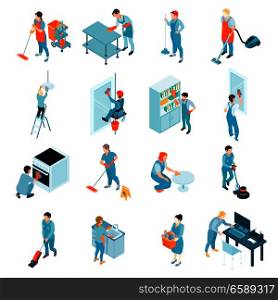 Cleaning service isometric set including workers during washing of windows, floors, wiping of furniture isolated vector illustration . Cleaning Service Isometric Set