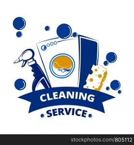 Cleaning service label design. Yellow and blue laundry logo. Laundry label and washer equipment, sponge and spray. Vector illustration. Cleaning service label design. Yellow and blue laundry logo