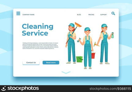 Cleaning service landing page. Professional housekeeping, people with special equipment for hygiene, cleaner company vector illustration. Cleaning service landing page. Professional housekeeping, people with special equipment