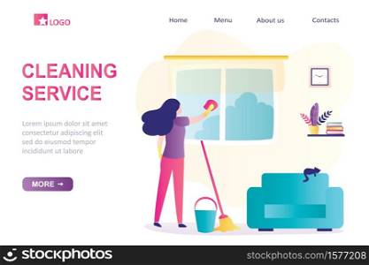 Cleaning service landing page template. Room interior with furniture. Woman doing cleaning, washing window and floor. Female character back view, mop and bucket nearby.Flat trendy vector illustration