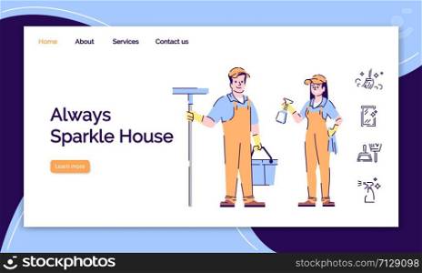 Cleaning service landing page vector template. Easy housekeeping website interface idea with flat illustrations. House cleaner, janitor hiring homepage layout. Web banner, webpage cartoon concept