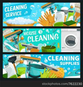 Cleaning service, laundry and hygiene vector banners. Rubber gloves and window squeegee, mop and broom, dish soap, washing machine and iron, brush, bucket. Tools and detergents, cleaning and hygiene. Cleaning service, laundry and hygiene banners