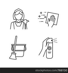 Cleaning service linear icons set. Maid, cleaning napkin, broom and bucket, air freshener. Thin line contour symbols. Isolated vector outline illustrations. Editable stroke. Cleaning service linear icons set