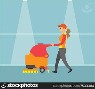 Cleaning service, machine with brush tool vector. Cleaner woman working, dusting floor and wearing uniform. Professional maid, walking along hall. Cleaning Service, Machine with Brush Tool Vector