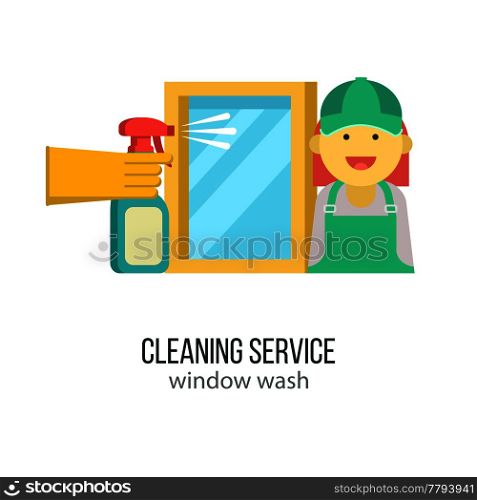 Cleaning service. Maid in overalls. A hand in a rubber glove holds a sprayer aimed at the window. Vector icons.