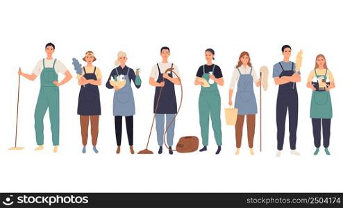Cleaning service. Male and female cleaners in uniform standing with professional equipment. Cleaning service. Male and female cleaners in uniform standing with professional equipment.