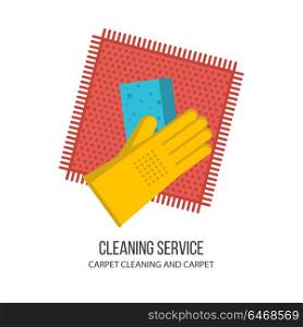 Cleaning service. Professional carpet cleaning. Hand in a rubber glove sponge washes carpet. Flat vector illustration, emblem. Isolated on white background.