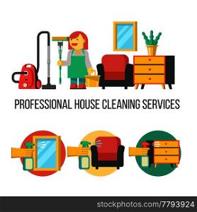 Cleaning service. Professional cleaning lady with a bucket, MOP and a vacuum cleaner. Set of vector icons. Cleaning of glasses and mirrors. Cleaning the furniture.