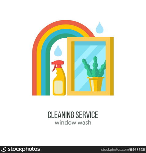 Cleaning service. Professional window cleaning. Hand in rubber glove with sponge washes the window. Flat vector illustration, emblem. Isolated on white background.