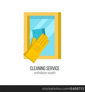 Cleaning service. Professional window cleaning. Hand in rubber glove with sponge washes the window. Flat vector illustration, emblem. Isolated on white background.
