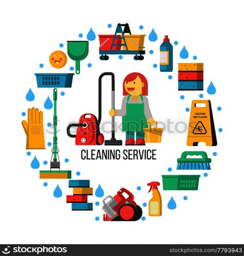 Cleaning service. Set of cleaning accessories icons arranged in a circle. In the center of the composition a professional maid in overalls with a vacuum cleaner and a bucket.