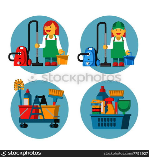 Cleaning service. Set of icons. Professional cleaning lady with a vacuum cleaner and bucket. Cleaning kit.