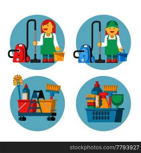 Cleaning service. Set of icons. Professional cleaning lady with a vacuum cleaner and bucket. Cleaning kit.