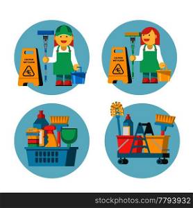 Cleaning service. Set of icons. Professional cleaning lady with MOP and bucket. Yellow wet floor sign. Cleaning kit.