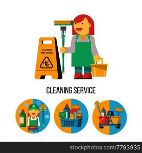 Cleaning service. Set of icons. Professional cleaning lady with MOP and bucket. Yellow wet floor sign. Cleaning kit.