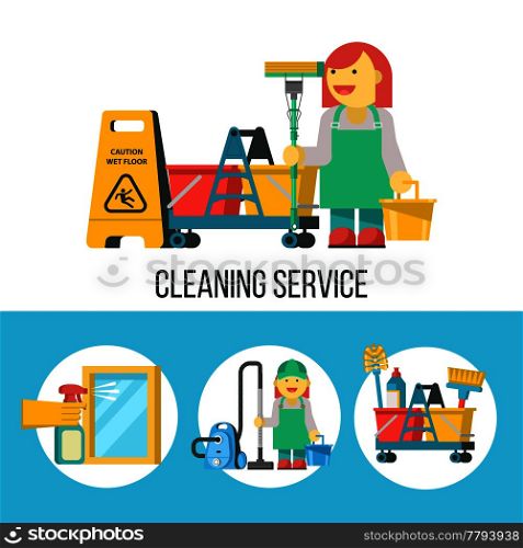 Cleaning service. Set of icons. Professional cleaning lady with MOP and bucket. Yellow wet floor sign. The cleaning lady with the vacuum cleaner. Cleaning kit. A hand in a rubber glove holds a sprayer aimed at the window.