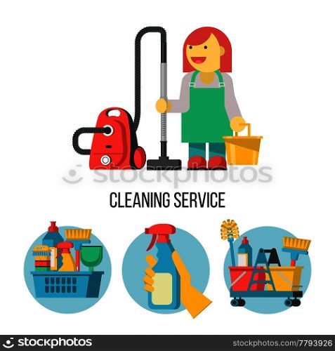 Cleaning service. Set of vector icons. Professional cleaning lady with a bucket and a vacuum cleaner.