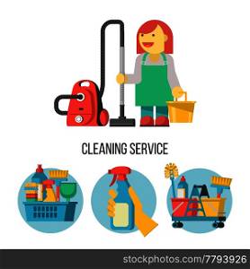 Cleaning service. Set of vector icons. Professional cleaning lady with a bucket and a vacuum cleaner.