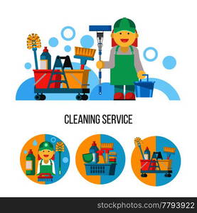 Cleaning service. Set of vector icons. Professional cleaning lady with bucket and MOP.