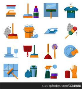 Cleaning service symbols. Different colored tools in cartoon style. Equipment for clean, bucket and mop, glove and sponge, brush and soap. Vector illustration. Cleaning service symbols. Different colored tools in cartoon style. Brush and soap