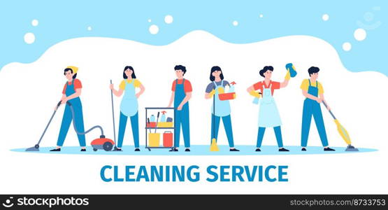 Cleaning service team. Cleaners group with equipment, professional people banner. Housekeeper company, laundry and industrial clean vector poster. Professional cleaner equipment service illustration. Cleaning service team. Cleaners group with equipment, professional people banner. Housekeeper company, laundry and industrial clean recent vector poster