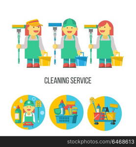 Cleaning service. Three professional maids with a MOP. Flat vector illustration, set of emblems, logos. Professional cleaning of premises. Set of vector cliparts isolated on white background. Set of cleaning products in a plastic basket.