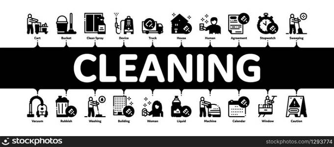 Cleaning Service Tool Minimal Infographic Web Banner Vector. Liquid For Clean Window And Wash Floor, Vacuum Cleaner And Bucket Cleaning Service Illustrations. Cleaning Service Tool Minimal Infographic Banner Vector