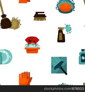 Cleaning service, tools and instruments seamless pattern vector. Chores gloves and liquid to wash plates poured in plastic bottle. Vacuuming and hoovering, mopping floor with duster and mop.. Cleaning service, tools and instruments seamless pattern vector