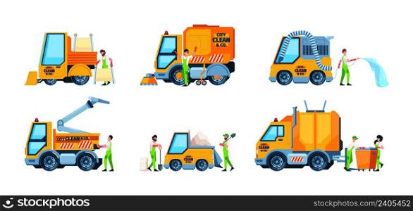 Cleaning service. Urban vehicles cleaners street sweepers bad dust environment garbage removing cars garish vector cartoon illustrations. Urban cleaner service, transport equipment. Cleaning service. Urban vehicles cleaners street sweepers bad dust environment garbage removing cars garish vector cartoon illustrations