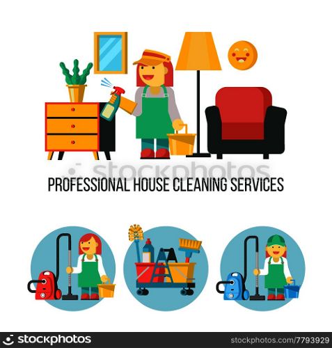 Cleaning service. Vector emblem. Cleaning icon set. A maid with a bucket and a spray. Professional house cleaning.